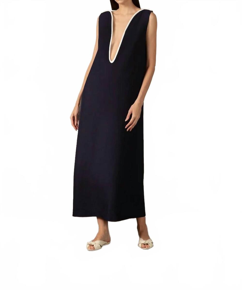 NEW ADRIANA DEGREAS bicolor deep v neck maxi dress in navy